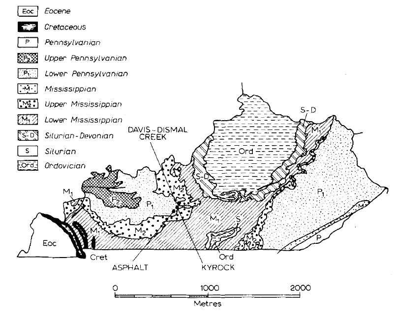 نقشه زمین‌شناسی ایالت کنتاکی،نشان‌دهنده محل انباشت‌های اصلی آسفالت