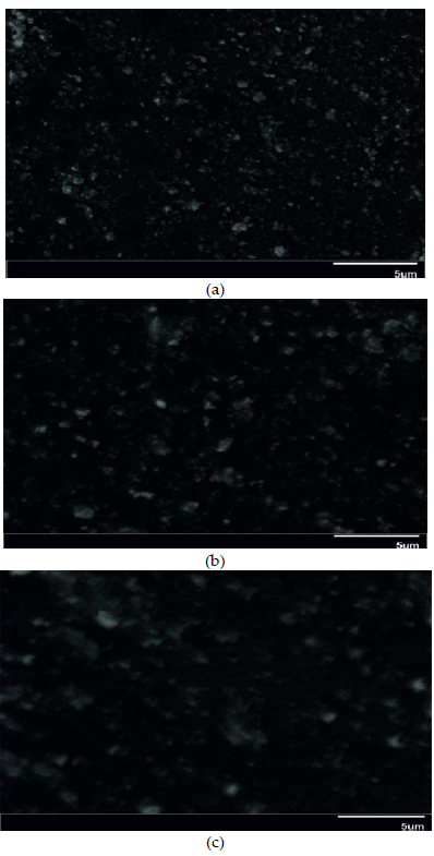  تصویربرداری SEM ریزساختارهای نانو سیلیکا، NEAT و آسفالت اصلاح‌شده با نانو سیلیکا در بزرگنمایی 18000. A (NSMA 2%) ،B(NSMA 4%) و C(NSMA 6%)